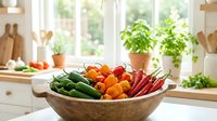 Fresh colorful vegetables in wooden bowl on kitchen counter with herbs and natural lighting for healthy cooking and meal preparation.