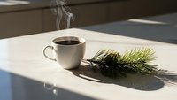 Steaming hot coffee cup with pine branch on white table in bright sunlight creating shadows, cozy winter morning atmosphere for holiday designs.