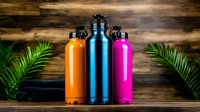 Colorful reusable metal water bottles in orange, blue, and pink standing on wooden background with tropical palm leaves. Eco-friendly sports and fitness concept.