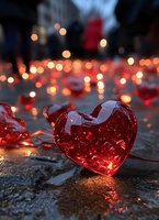 Red glass heart ornament glowing with warm bokeh lights on cobblestone street creating romantic Valentine's Day atmosphere for love celebration concepts.