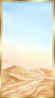 Watercolor desert landscape with rolling sand dunes and golden frame border, suitable for wall art, home decor, and editorial design projects.