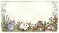 Four cute mice among wildflowers and herbs in a watercolor botanical frame with copy space for greeting cards and invitations.