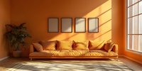 Modern living room interior with orange walls and sofa, empty black frames, decorative palm plant, and dramatic window light casting geometric shadows.