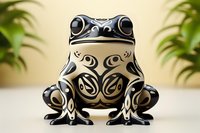 Decorative ceramic frog figurine with black and white tribal pattern design sitting in front of blurred green foliage background. Modern artistic interpretation of amphibian art.