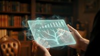 Young adult with light skin tone holding transparent digital tablet displaying holographic neural network visualization in library setting with bookshelves background.