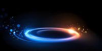 Glowing spiral light trail with blue and orange luminous particles effect against black background, creating dynamic motion path for cosmic designs.