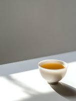 White ceramic cup with golden tea on white surface casting dramatic shadows in natural light, minimalist composition for wellness and meditation concepts.