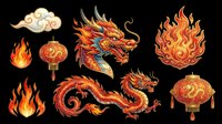Colorful dragon and fire elements isolated on transparent background, ready for t-shirt design, clipart, stickers, sublimation, and print-on-demand projects.