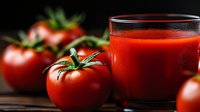 Fresh tomato juice in glass with condensation drops and whole ripe red tomatoes on dark wooden background, healthy vegetable drink concept for menu design.