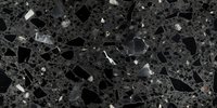 Dark terrazzo texture with black and gray stone fragments scattered on polished surface, abstract architectural background pattern for modern interior design.