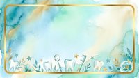 Watercolor botanical border with dandelions, wildflowers and gold accents on soft blue and cream background, suitable for invitations and stationery design.