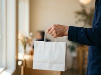 Close-up of mature man's hand holding blank white paper shopping bag with handles indoors. Suitable for retail, commerce, delivery, and packaging design projects.