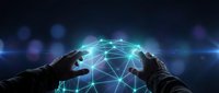 Hands holding glowing digital network globe with connected lines and nodes, representing global connectivity, data exchange, and technology innovation for business solutions.