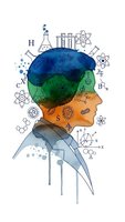 Human head silhouette with colorful brain sections and scientific symbols representing chemistry, physics, biology and mathematics education concepts.