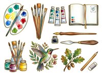 Artist supplies collection with watercolor palette, brushes, paints, sketchbook and botanical illustrations arranged on white background, ready for design projects and creative work.