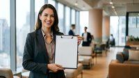 Smiling young Caucasian businesswoman in suit holding blank clipboard in modern office, copy space for text or message.
