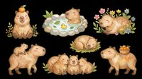 Cute capybara set isolated on transparent background, ready for stickers, t-shirt design, print on demand, clipart, and sublimation projects.