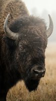 Majestic American bison bull with curved horns standing in prairie grassland during golden hour light for wildlife photography and nature conservation concepts.
