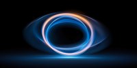 Glowing blue and orange light rings forming abstract eye shape against dark background, cosmic energy visualization for space and technology designs.