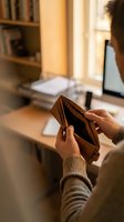 Person holding empty brown leather wallet at home office desk showing financial difficulties and money problems.