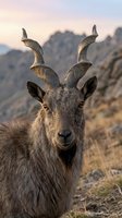 Wild ibex with curved horns standing in rocky mountain landscape during golden hour sunset light for wildlife photography and nature documentation.