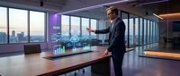 Professional businessman presenting holographic data visualization in modern office conference room with city skyline view at sunset.