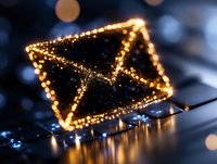 Glowing golden envelope icon made of sparkling particles floating over computer keyboard with bokeh lights, digital communication concept for email marketing.