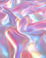 Holographic iridescent fabric with smooth flowing waves and folds in pastel pink, purple and blue colors creating ethereal metallic shine effect. Seamless pattern.