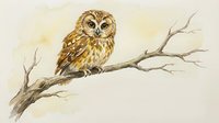 Small brown owl perched on bare tree branch against soft beige background. Watercolor style bird illustration for nature designs and wildlife projects.