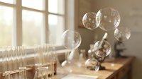 Floating soap bubbles in warm sunlit interior space creating dreamy atmosphere for relaxation and mindfulness concepts.