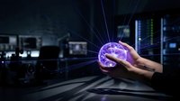 Businessman holding glowing digital brain with neural network connections in modern tech environment, representing artificial intelligence, innovation, and future technology solutions.