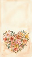 Watercolor floral heart with roses, peonies, and berries on warm beige background, soft vintage style for cards, invitations, and decor.