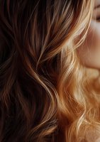 Close-up of wavy brown and blonde highlighted hair with sunlit glow creating soft texture and dimension, showing modern balayage coloring technique.