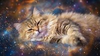 Fluffy tabby kitten sleeping peacefully among sparkling cosmic stars and nebula clouds in dreamy space fantasy setting for pet lovers and astronomy enthusiasts.
