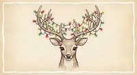 Deer head with Christmas lights and holly berries on antlers for holiday greeting cards and seasonal decorations on beige background.