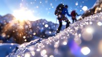 Silhouettes of hikers ascending snowy mountain slope at sunrise with sparkling snow bokeh in foreground creating magical winter atmosphere in Alps.