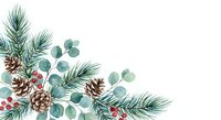 Winter holiday arrangement with pine branches, eucalyptus leaves, pinecones and red berries on white background for seasonal greeting cards and festive designs.