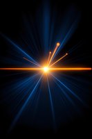 Bright light burst with orange horizon line and radiating blue light beams against dark background creates dramatic cosmic effect for technology and space designs.