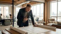 Middle-aged male architect or designer in business casual attire reviewing blueprints and construction plans on wooden table in modern office with large windows and colleagues working in background.