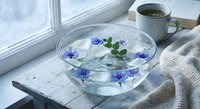Glass bowl with floating blue cornflowers on water creates serene spa atmosphere by window. Morning coffee and cozy blanket complete peaceful wellness scene.