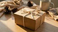 Rustic kraft paper gift box tied with natural twine bow surrounded by pine cones and wheat stalks on wooden table with coffee mug for holiday celebrations.