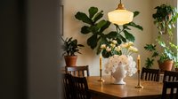 Cozy dining room interior with wooden table, pendant light, and lush green houseplants creating warm atmospheric home decor for modern living spaces.
