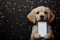 Adorable golden retriever puppy holding blank smartphone screen against dark background with golden bokeh lights, perfect for mobile app or tech promotion.