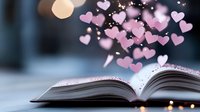 Open book with magical pink hearts floating above pages against blurred background, romantic literature and storytelling concept for Valentine's Day and love stories.