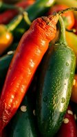Fresh colorful chili peppers with water droplets closeup macro shot for cooking spice ingredient culinary food photography kitchen garden harvest.