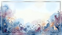 Watercolor cats silhouettes border frame with floral elements and paw prints on soft pastel background for pet themed designs and greeting cards.