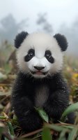 Adorable baby giant panda cub with bright eyes and fuzzy black and white fur sits among bamboo leaves in natural habitat, showing playful expression.