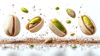 Flying pistachio nuts cracked open revealing green kernels with scattered shells and fragments on white background, dynamic food levitation photography.
