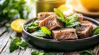 Fresh tuna steaks seasoned with herbs and citrus on dark plate, garnished with mint leaves and lime slices against rustic wooden background in natural light.