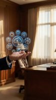 Businessman holding digital icons representing cloud computing, data management, and network connectivity in modern office environment with wooden furniture and natural light.